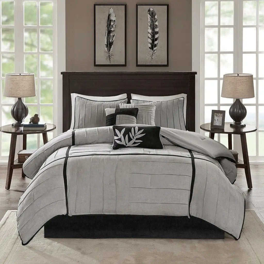 7 Piece Faux Suede Comforter Set Grey Full by HouseOfZazla