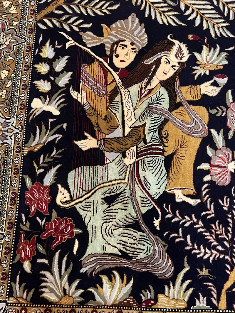 Persian Qum Pictorial Rug 4.8 x 6.5 - Layla & Majnun, Birds by Jewel Rugs