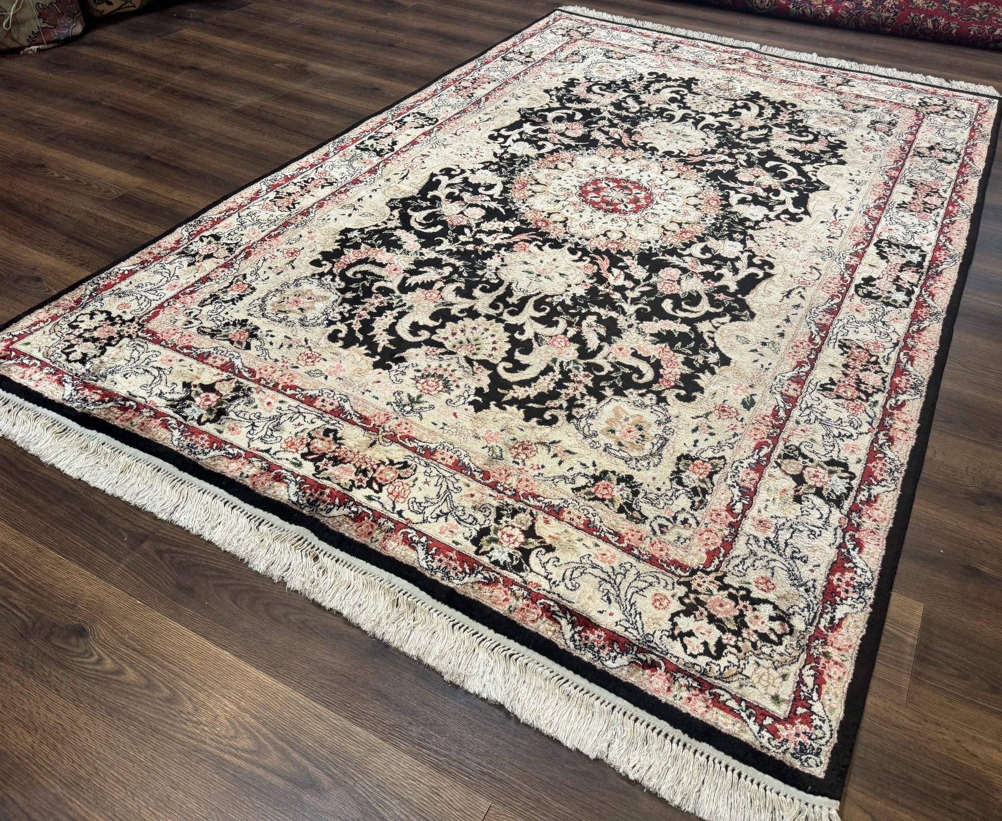 Indian Kashmiri Silk Rug, Floral Medallion, Vintage Hand Knotted Carpet by Jewel Rugs