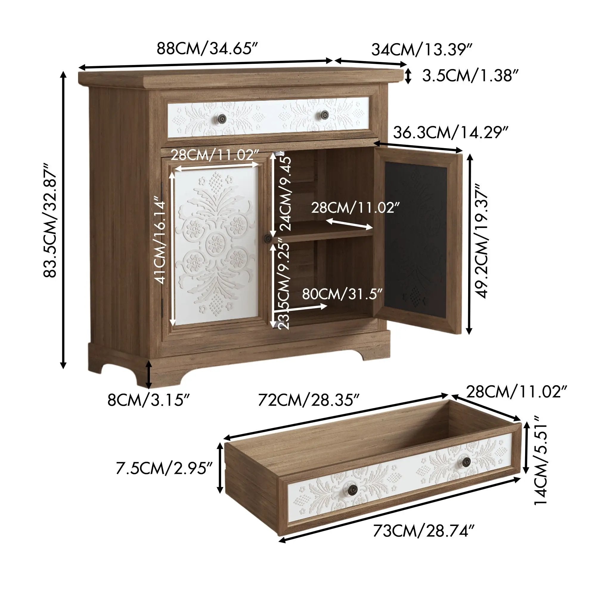 Accent Cabinet With Carved Floral Panels, Sideboard With Drawer And Double Doors - Antique Brown / White by Unique Piece Furniture