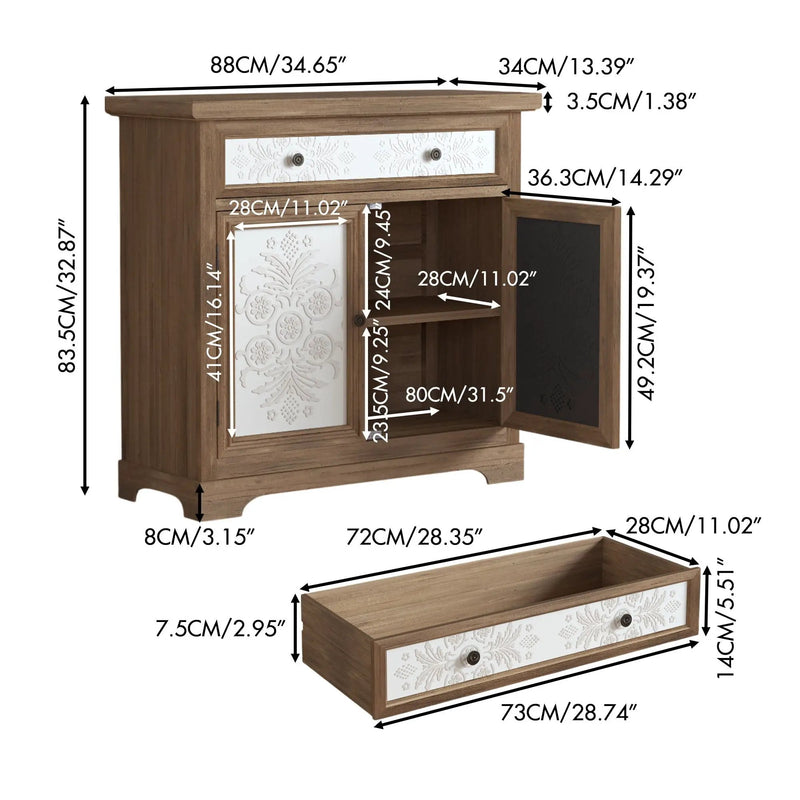Accent Cabinet With Carved Floral Panels, Sideboard With Drawer And Double Doors - Antique Brown / White by Unique Piece Furniture