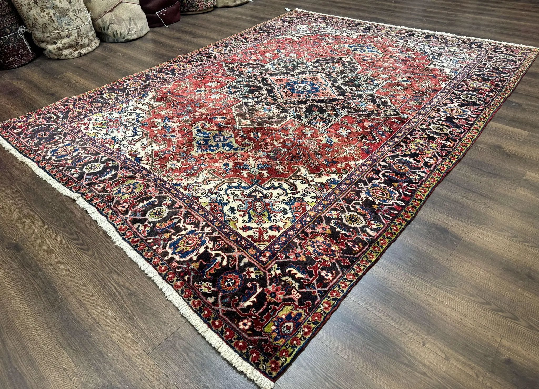 Antique Persian Heriz Rug 8x11, Geometric Tribal Wool Carpet, Brick Red by Jewel Rugs