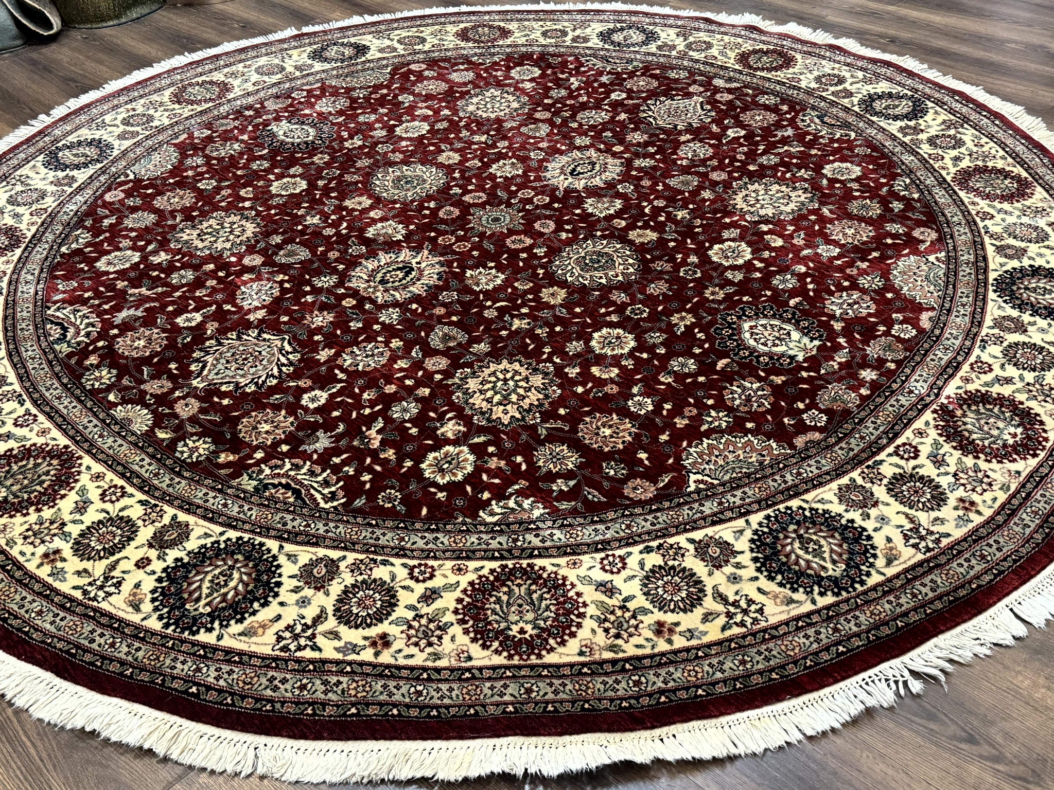 Round Sino Persian Rug 9x9, Burgundy and Cream, Floral, Wool and Silk, 9ft Round Carpet by Jewel Rugs