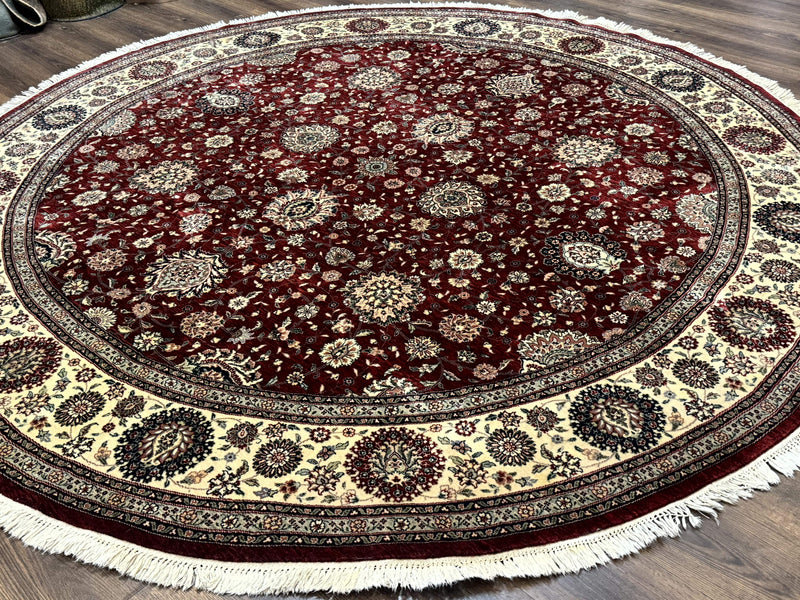 Round Sino Persian Rug 9x9, Burgundy and Cream, Floral, Wool and Silk, 9ft Round Carpet by Jewel Rugs