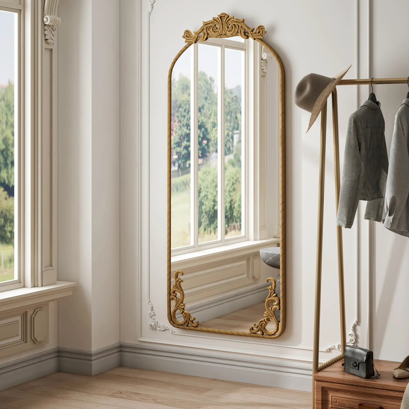 Full Body Arched Mirror With Vintage Carved Applique by HouseOfZazla