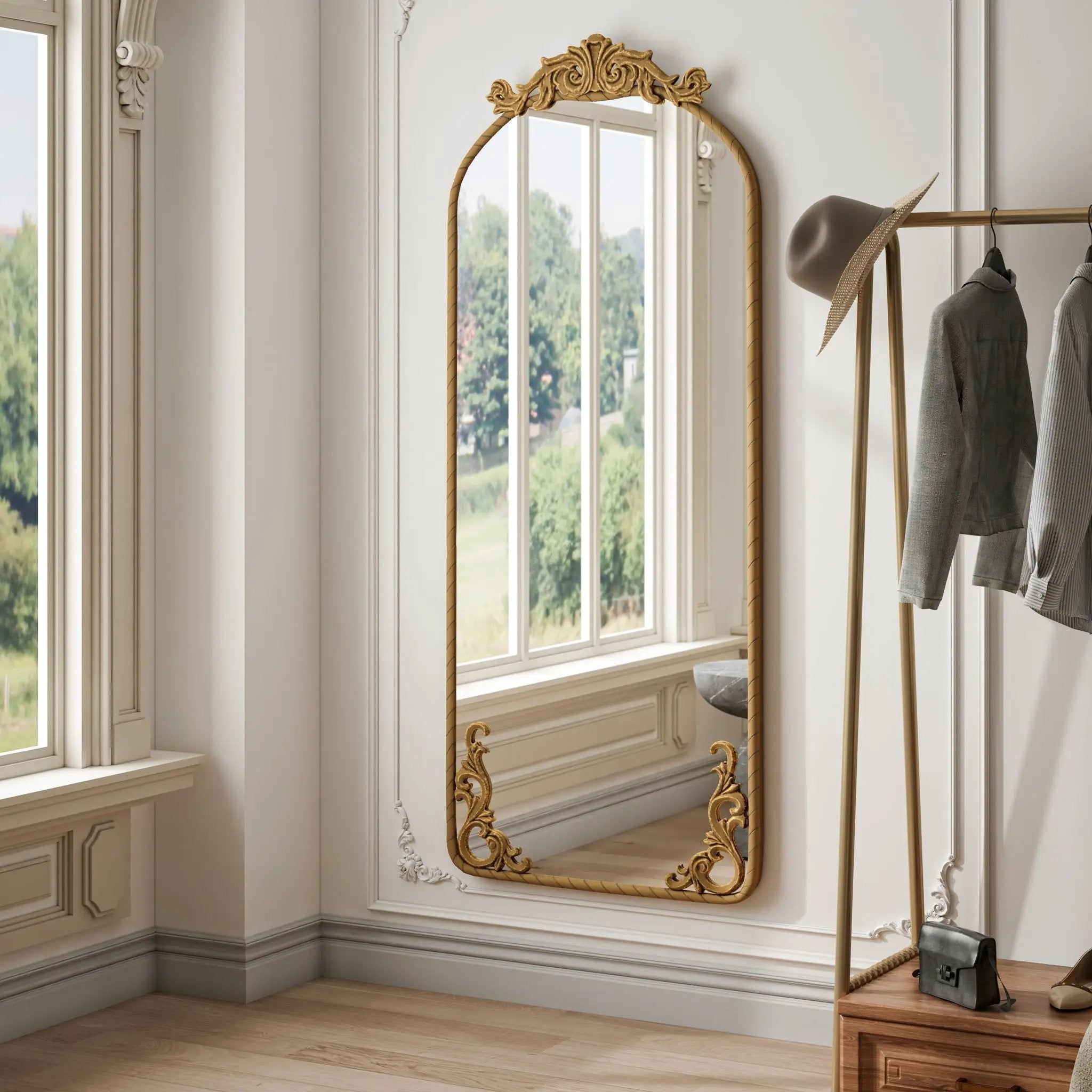 Full Body Arched Mirror With Vintage Carved Applique by Unique Piece Furniture