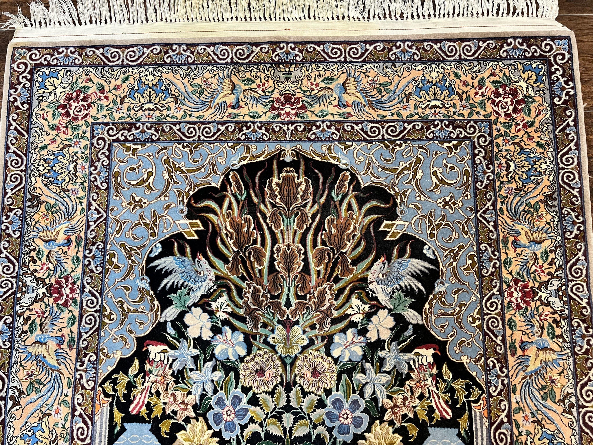 Wonderful Persian Isfahan Rug 3.7 x 5, Kork Wool on Silk Foundation, Very Fine 460 KPSI, Tree of Life Persian Vase Design Animal Pictorials Peacocks by Jewel Rugs