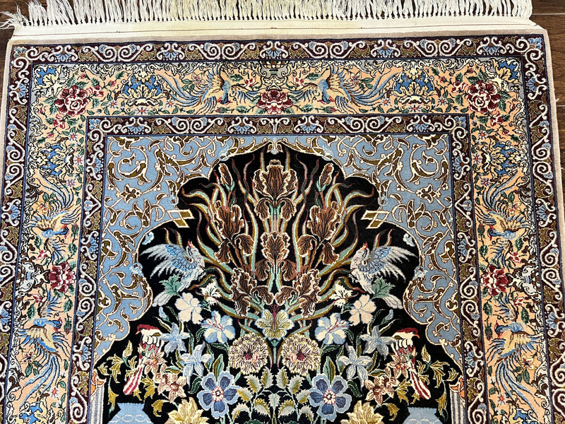 Wonderful Persian Isfahan Rug 3.7 x 5, Kork Wool on Silk Foundation, Very Fine 460 KPSI, Tree of Life Persian Vase Design Animal Pictorials Peacocks by Jewel Rugs