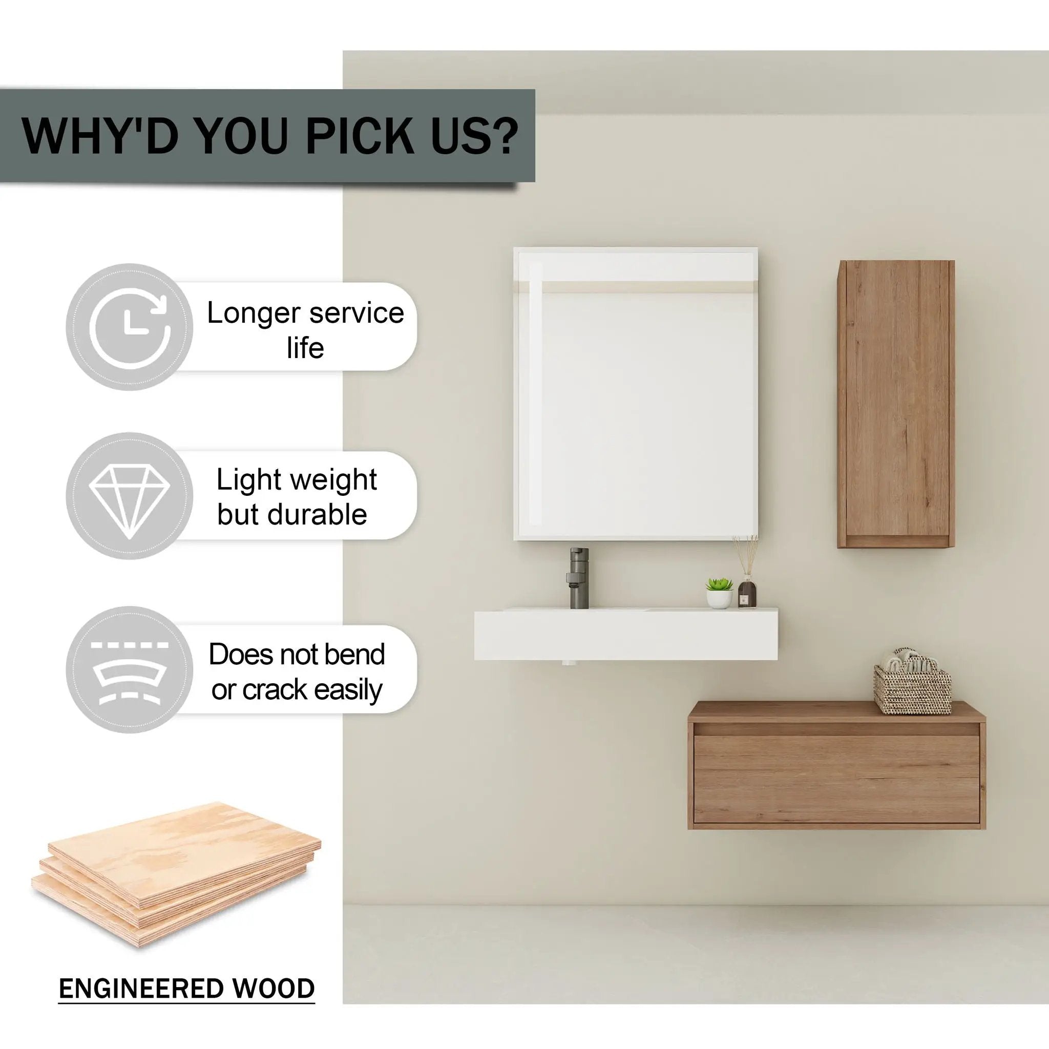 Modern Wall Mounted Bathroom Vanity With Resin Sink And Side Cabinet, Soft Close Drawer, Imitative - Imitative Oak by Unique Piece Furniture