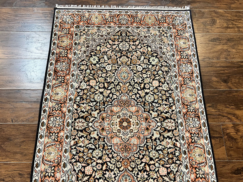 Silk Indian Kashmiri Rug 3x5, Indo Persian Silk on Silk Carpet, Very Fine 350 KPSI, Navy Blue, Handmade, Floral Medallion by Jewel Rugs