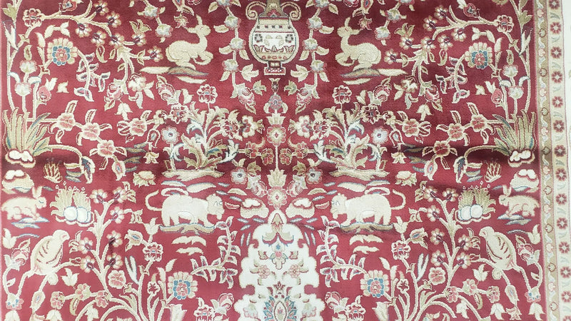 Silk Carpet 4x6 Dark Red & Cream, Tree of Life Rug, Animal Motifs, Birds Deer Rabbits, All Bamboo Silk, 4 x 6 Silk Area Rug by Jewel Rugs