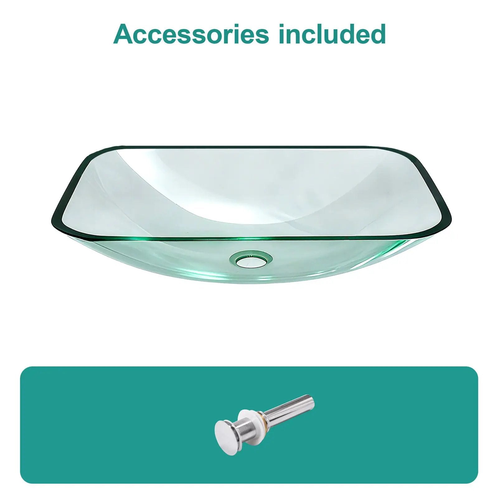 Clear Vessel Sink Rectangle Above Counter Bathroom Basin With Pop Up Drain, No Faucet - Clear by HouseOfZazla