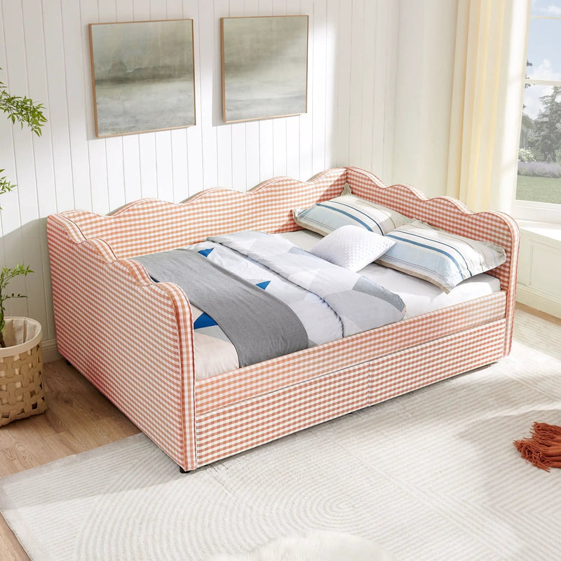 Gingham Daybed With USB Charging Port, Wave-Shaped Design by HouseOfZazla
