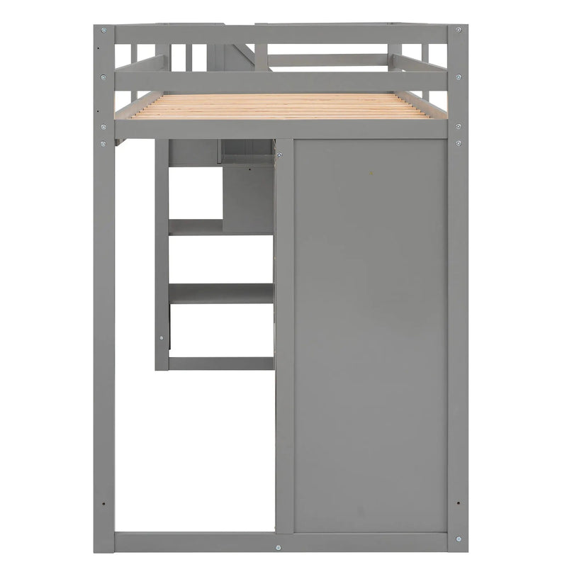 Loft Bed With 3 Shelves, 2 Wardrobes, 2 Drawers, Ladder Storage