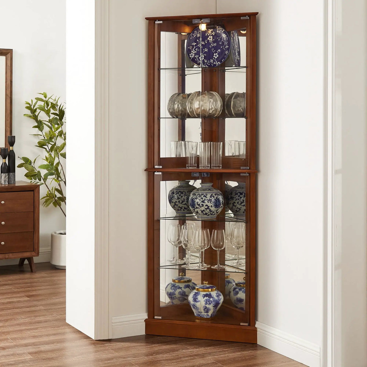 Corner Curio Dispaly Cabinet With Lights, Adjustable Tempered Glass Shelves, Mirrored Back (E26 Light Bulb Not Included) by Unique Piece Furniture