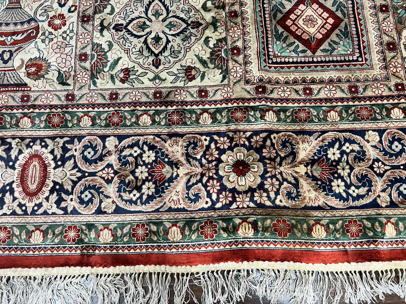 Silk Sino Persian Rug 9x12, Panel Design, Garden of Eden Pattern, Fine 200 KPSI, Hand Knotted Room Sized Silk Carpet, Vintage by Jewel Rugs