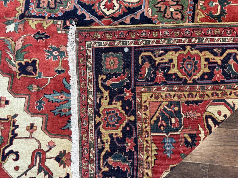 Persian Heriz Serapi Rug 8 x 10.6, Geometric Medallion, Great Colors, Rare, Red Navy Blue Ivory by Jewel Rugs