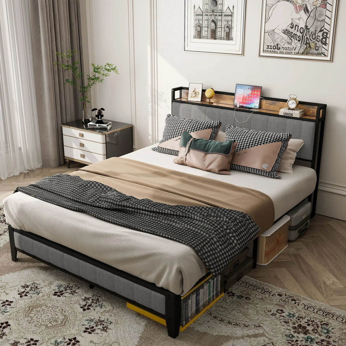 Bed With Charging Station, American Design Upholstered Headboard, Metal Platform by Unique Piece Furniture