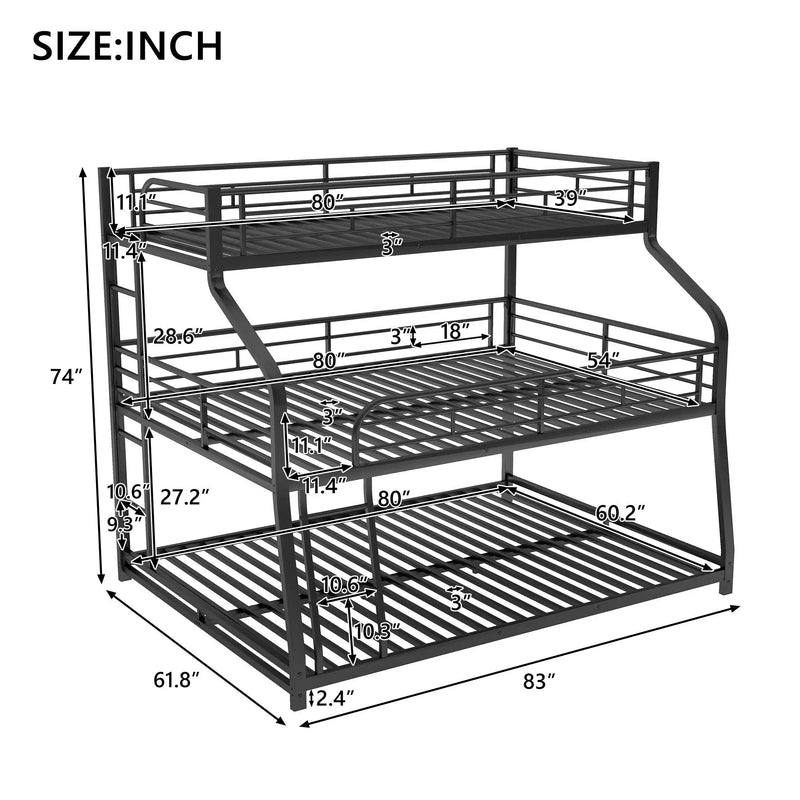 Twin Long / Full Long / Queen Triple Bunk Bed With Long And Short Ladder And Full-Length Guardrails - Black by Unique Piece Furniture