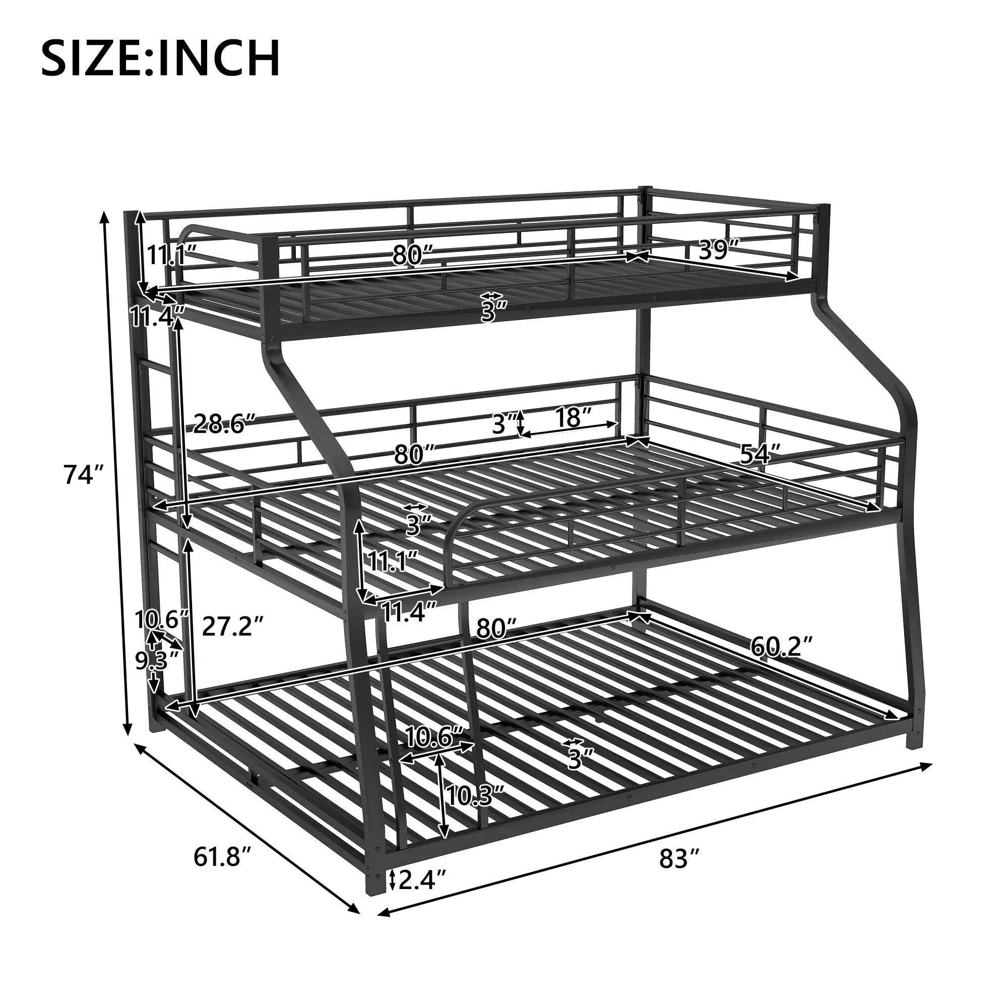 Twin Long / Full Long / Queen Triple Bunk Bed With Long And Short Ladder And Full-Length Guardrails - Black by HouseOfZazla
