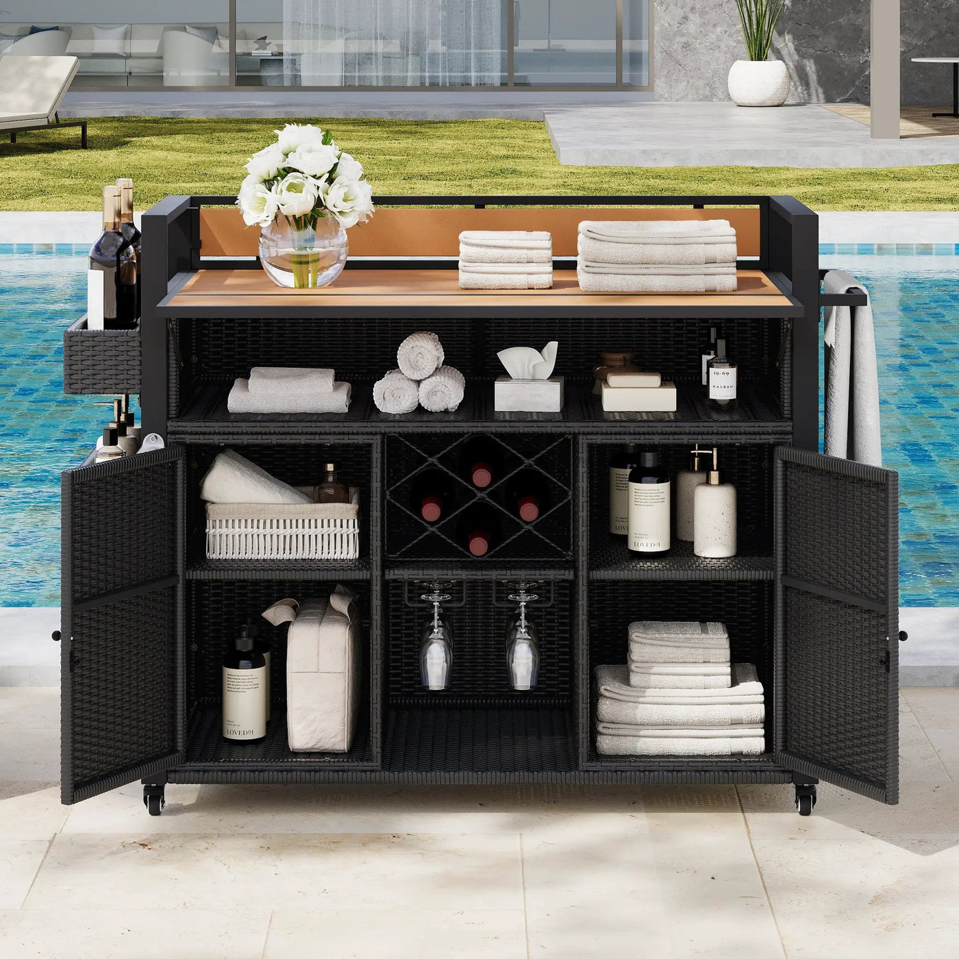 K&K 52.8"W Wicker Outdoor Grill Cart with Extended Table Top by HouseOfZazla