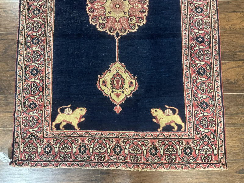 Antique Persian Mashad Rug 4x6, Semi Open Field, Navy Blue, Lion Pictorials, Triple Medallion, Dorokhsh Rug by Jewel Rugs