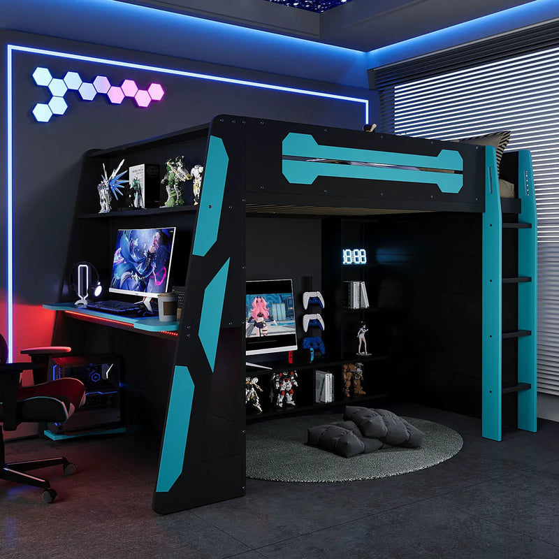 Full Size Wood Loft Bed with Desk, Multi-storage Shelves and RGB Light, photo 3 of 10