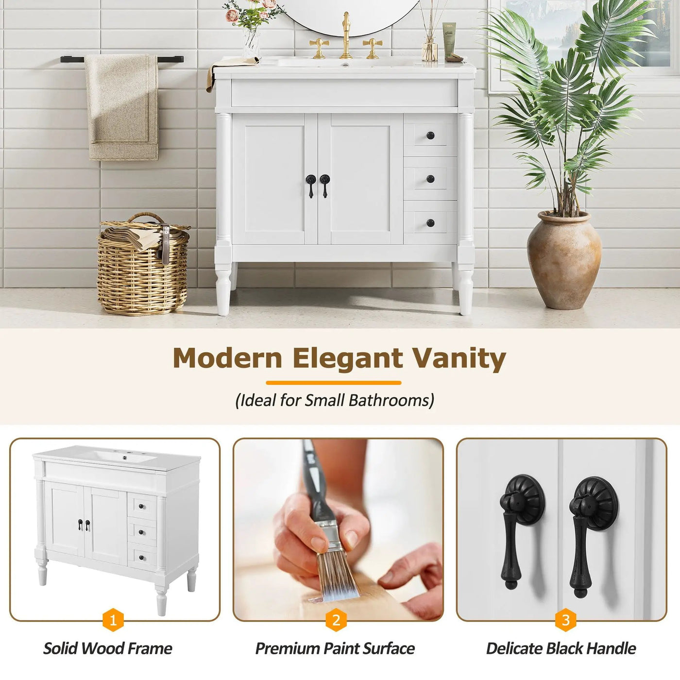 Bathroom Vanity With Ceramic Sink, 2 Doors 3 Drawers, Soft Close Design by Unique Piece Furniture