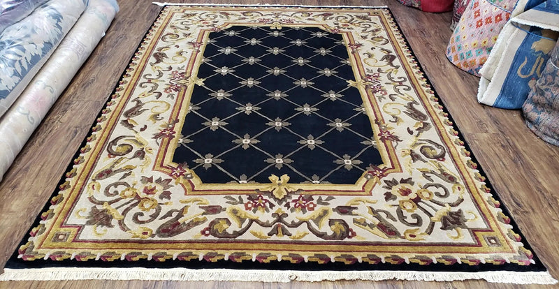 Nepal Rug 6x9, New Aubusson Nepalese Tibetan Carpet 6'1" x 8' 8", Hand-Knotted Wool, Unused, Black & Cream, Savonnerie Pattern, Soft Pile by Jewel Rugs