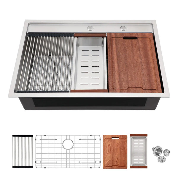 33" Drop In Kitchen Sink With Workstation, 16 Gauge Stainless Steel - Brushed Nickel