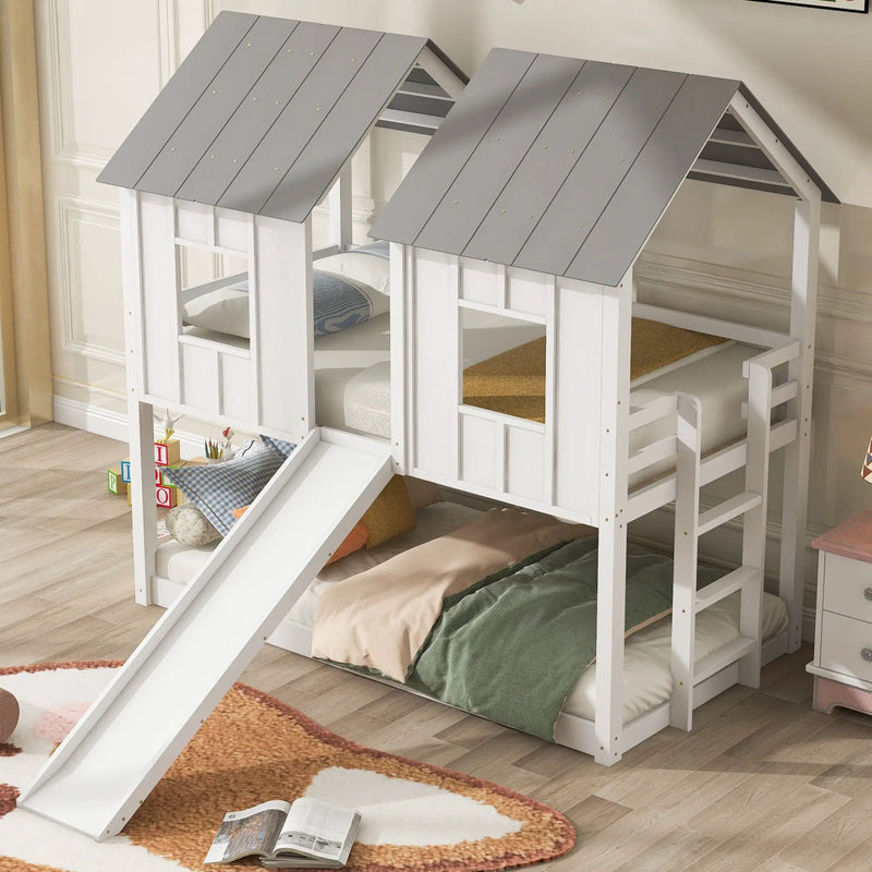 Twin Over Twin House Bunk Bed With Slide And Windows - White / Gray by Unique Piece Furniture