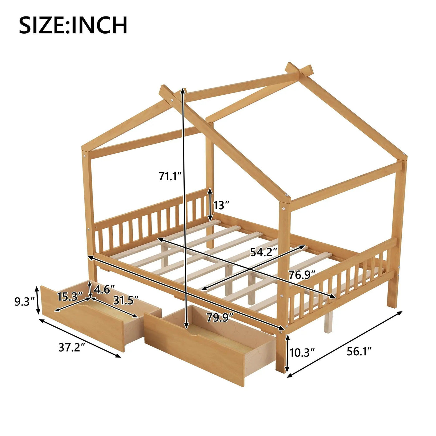 House Style Platform Bed With Headboard, Footboard, 2 Drawers, And Roof Design by HouseOfZazla