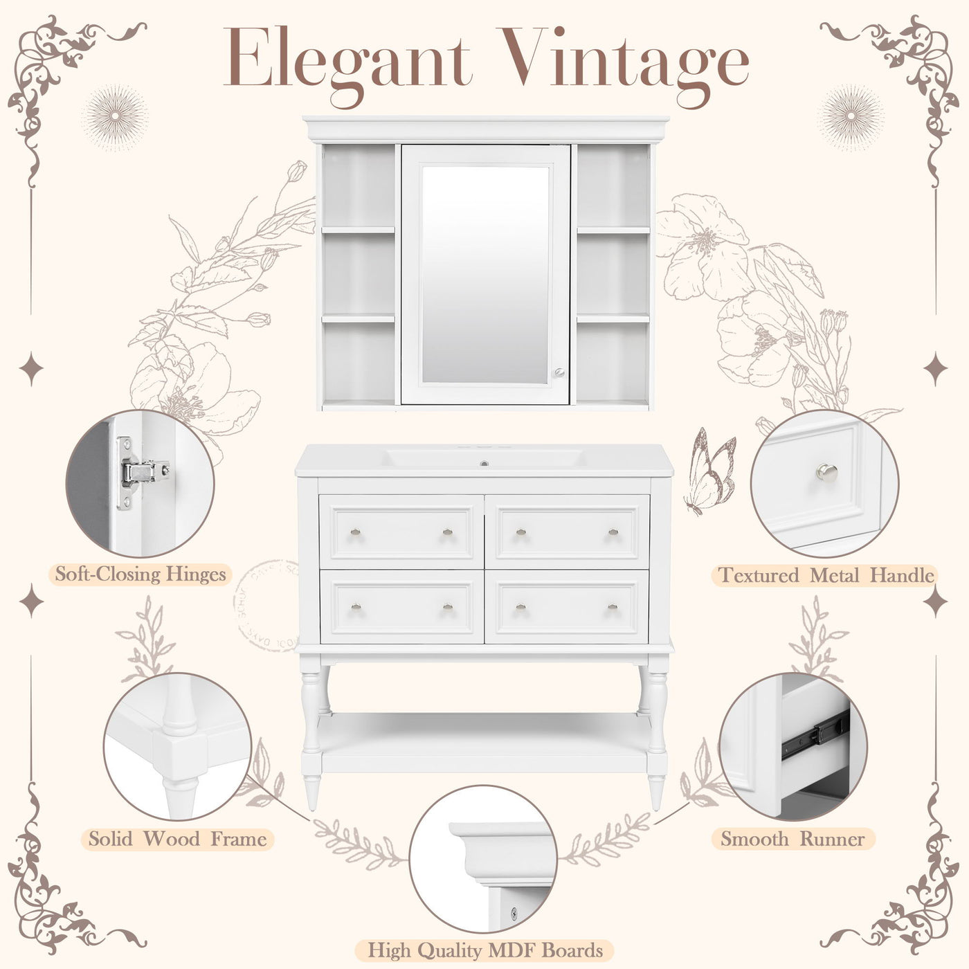 Bathroom Vanity With Medicine Cabinet, Storage Cabinet With 4 Drawers, Adjustable Shelf Mirror by Unique Piece Furniture