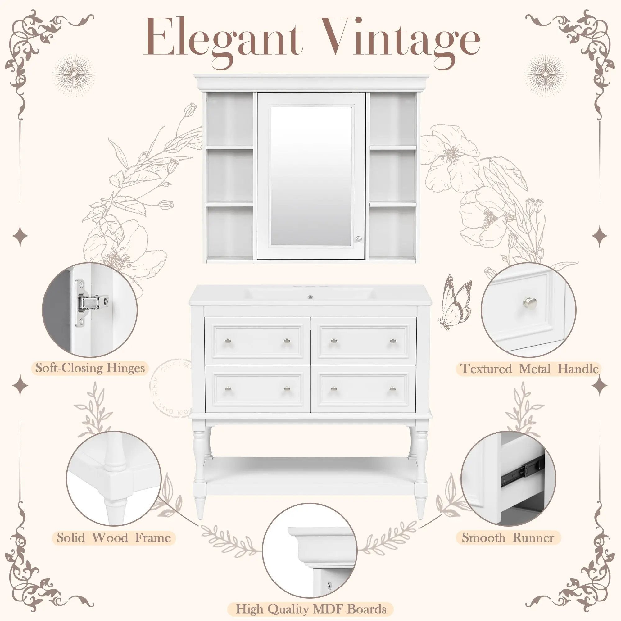 Bathroom Vanity With Medicine Cabinet, Storage Cabinet With 4 Drawers, Adjustable Shelf Mirror by Unique Piece Furniture