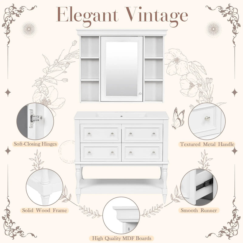 Bathroom Vanity With Medicine Cabinet, Storage Cabinet With 4 Drawers, Adjustable Shelf Mirror by Unique Piece Furniture