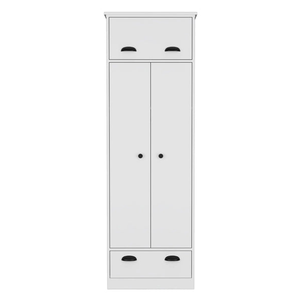 Dresser Closet With Upper Storage Covered With 1 Door, 2 Central Shelves, 1 Tube For Hanging Clothes Covered By 2 Doors, 1 Drawer At The Bottom - White