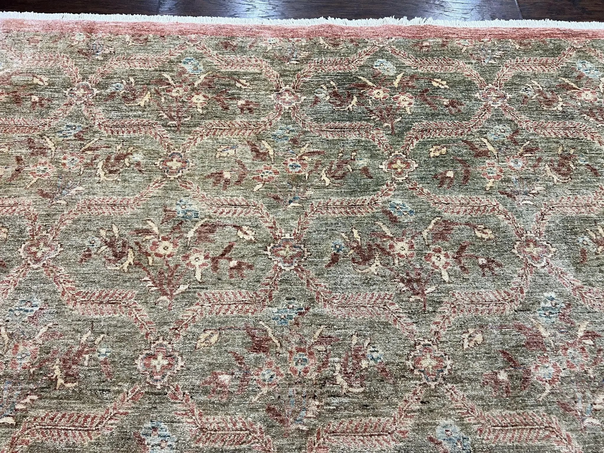 Large Modern Pakistani Rug 9x12, Handmade Wool Carpet, Peshawar Rug, Hand Knotted Oriental Rug, Contemporary, Floral, Light Green by Jewel Rugs