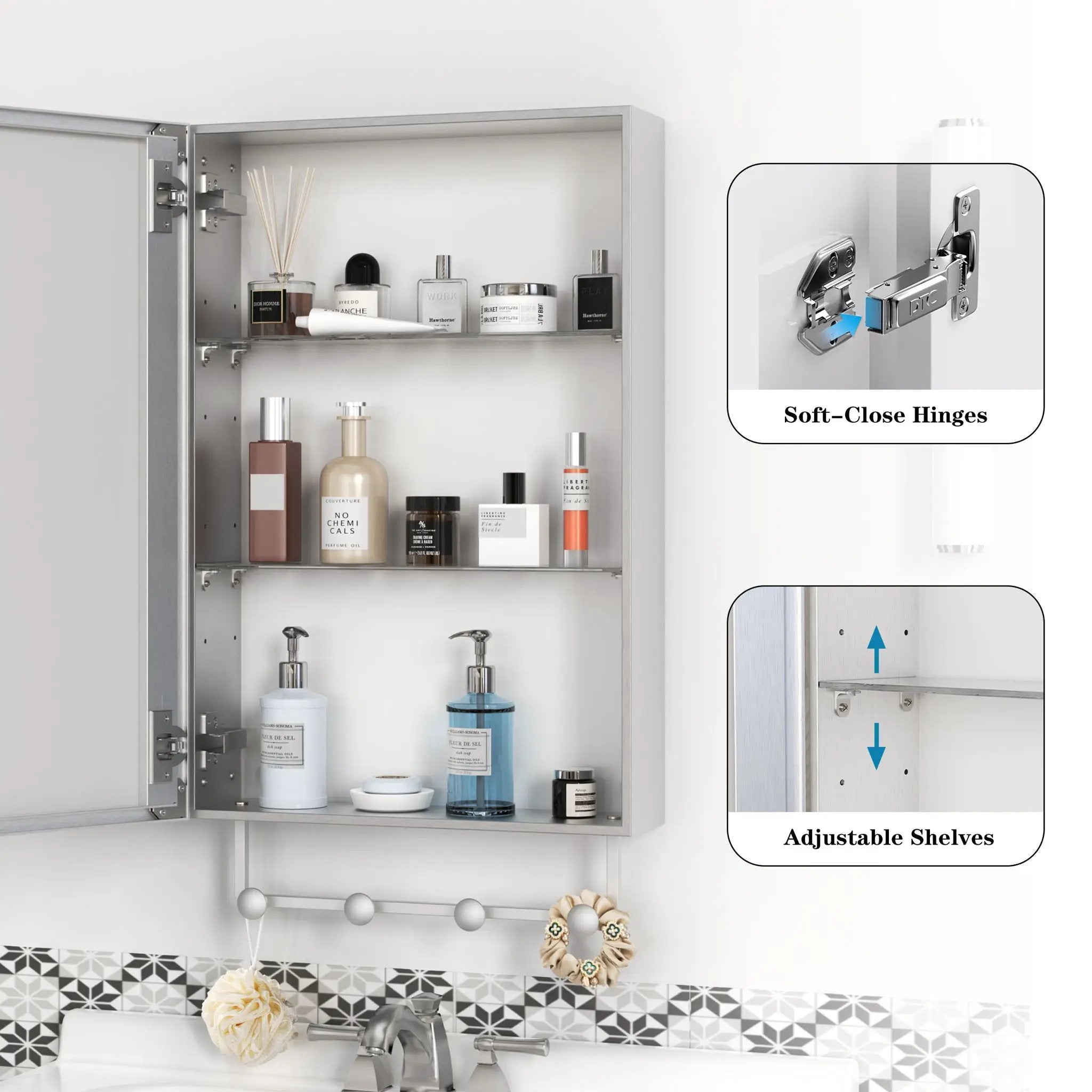 Medicine Cabinet, Wall Mounted Bathroom Mirror With Storage, Adjustable Shelves - Silver by Unique Piece Furniture