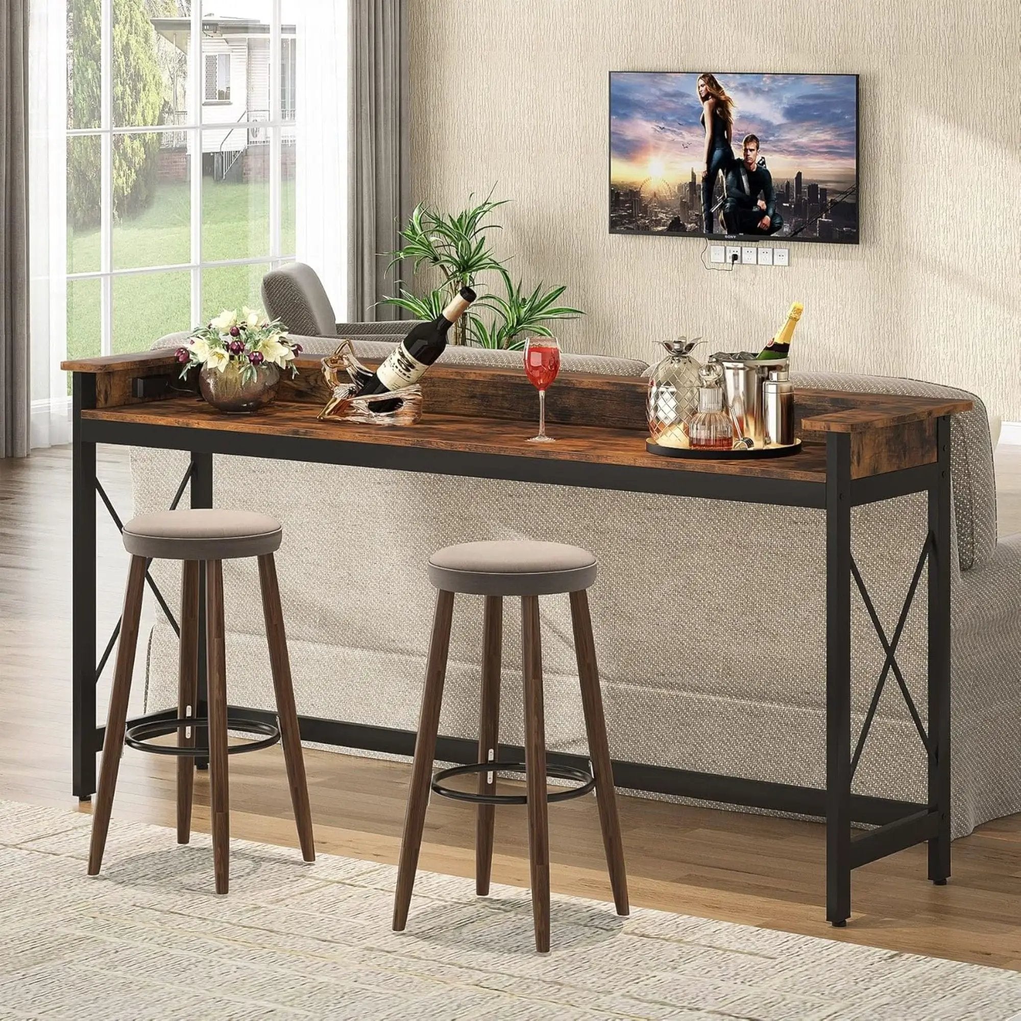 Console Table With Charging Station, Extra Long For Living Hallway - Brown / Black by HouseOfZazla