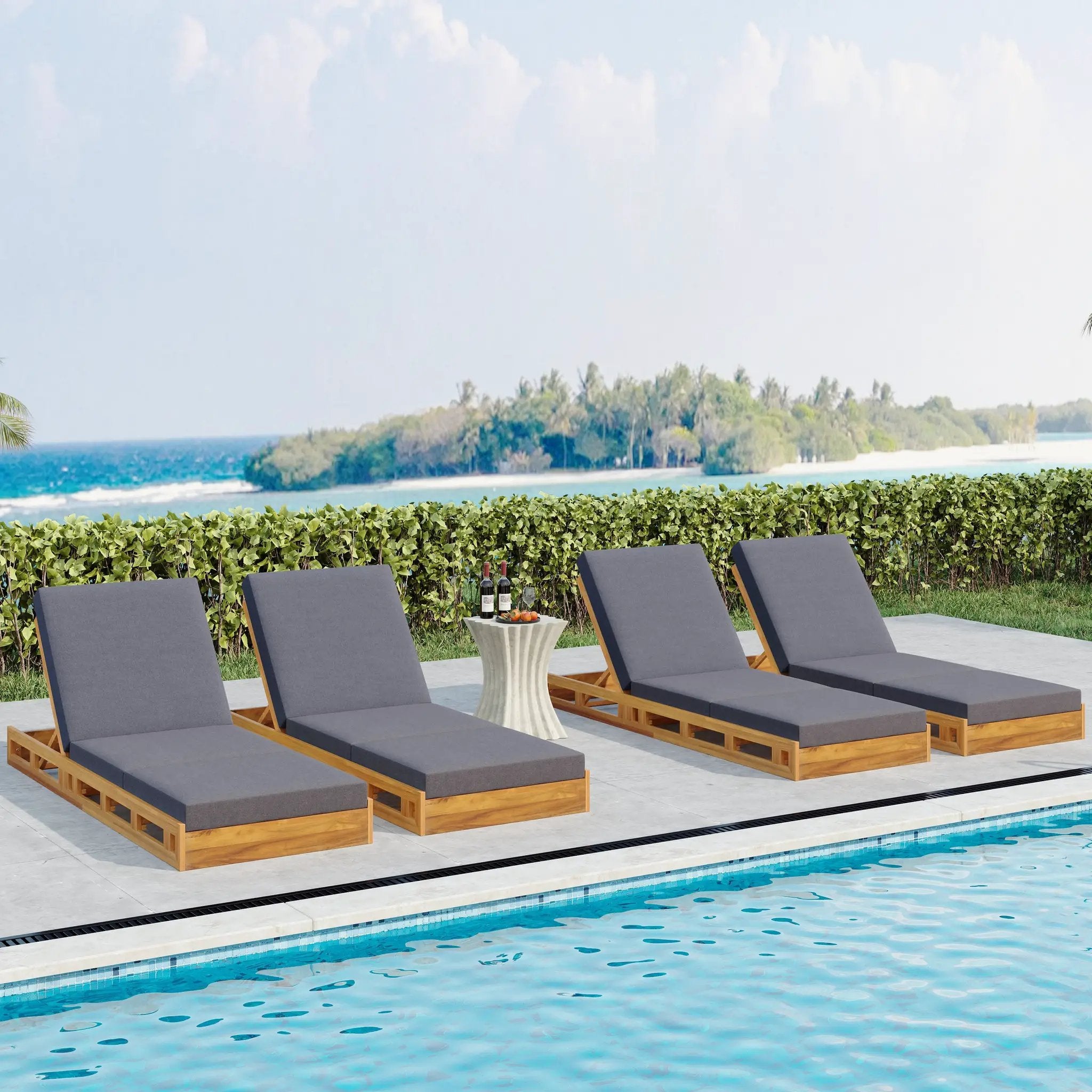 Lounge Chaise Set, Acacia Solid Wood with Lounge Cushion by HouseOfZazla