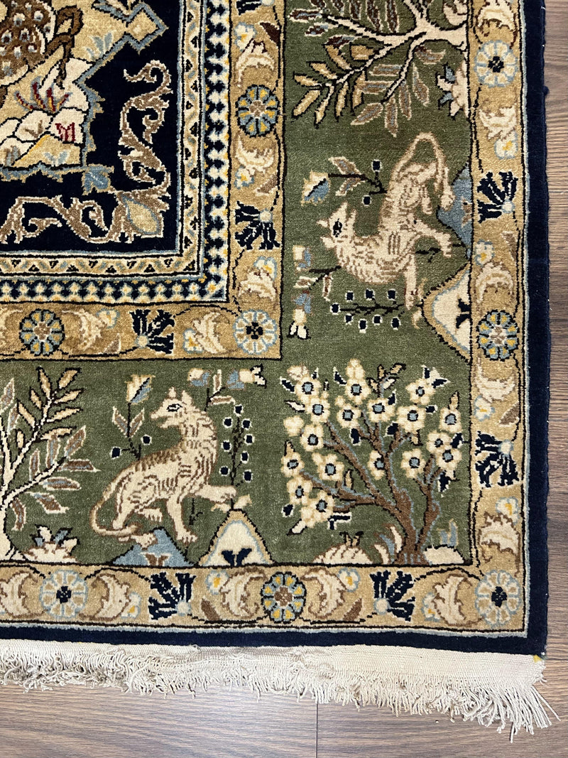 Wonderful Persian Qum Rug 6x9, Animal Pictorials, Tree of Life, Deer Birds, Hand Knotted Oriental Ghom Carpet, Semi Antique Vintage, Navy Blue Green by Jewel Rugs
