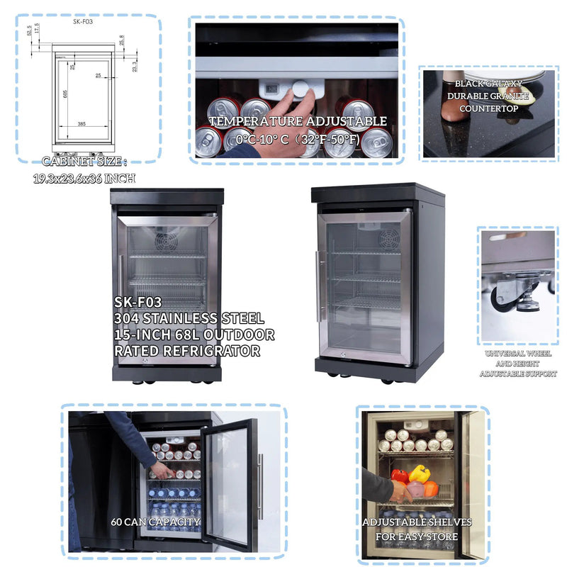 NG 85" 6-Burner 85,000 BTU Black Outdoor Kitchen Island Grill Refrigerator + Rotisserie Kit + Sink by Chery Industrial