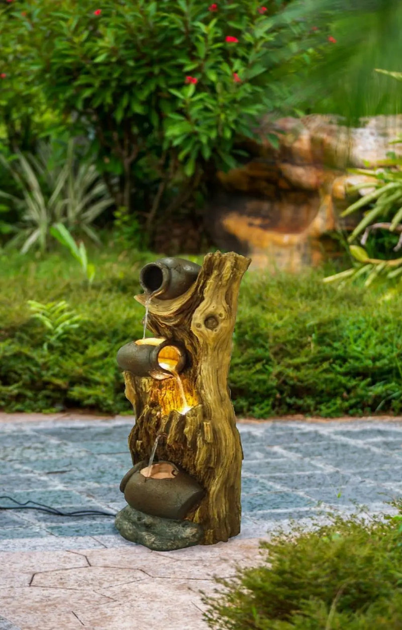 Decorative 3 Tier Tree Trunk Fountain With Lights And Pump - Brown by Unique Piece Furniture