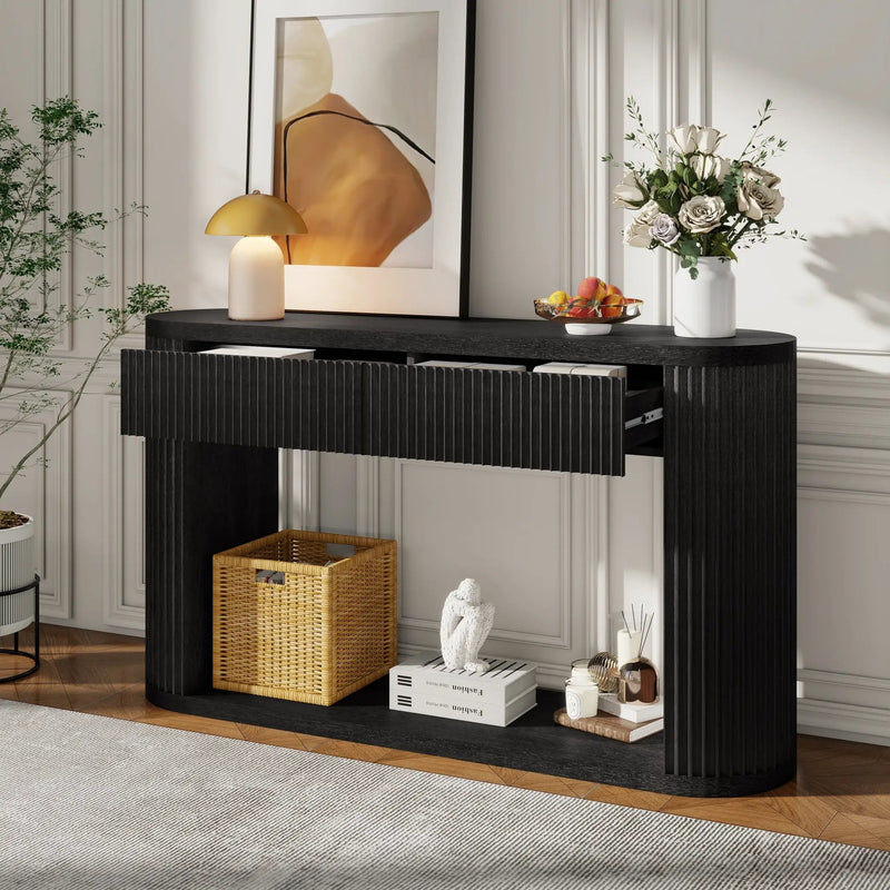 TREXM Oval Fluted Console Table with 2 Drawers and Bottom Shelf by HouseOfZazla