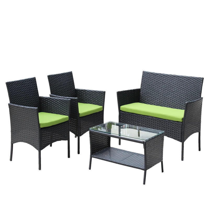 4 PC Rattan Patio Furniture Set Outdoor Cushioned Wicker Sofa Green Cushion by HouseOfZazla