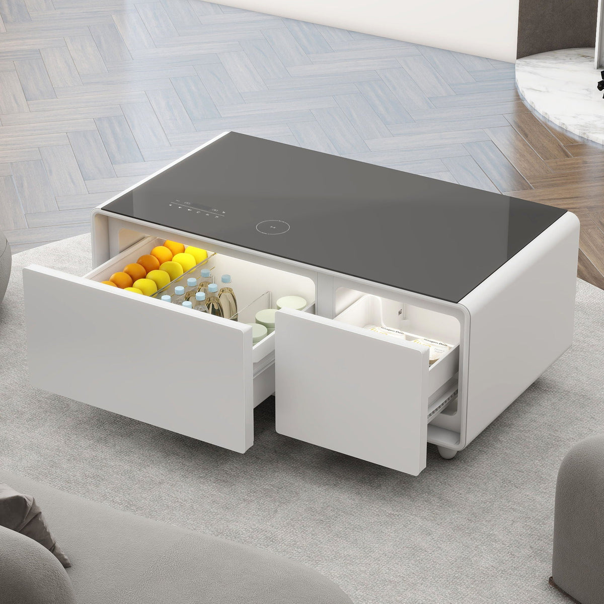 Modern Smart Coffee Table With Built-In Fridge - tooth Speaker, Wireless Charging, Touch Control Panel, USB Interface, Outlet Protection, Atmosphere Light, photo 13 of 14