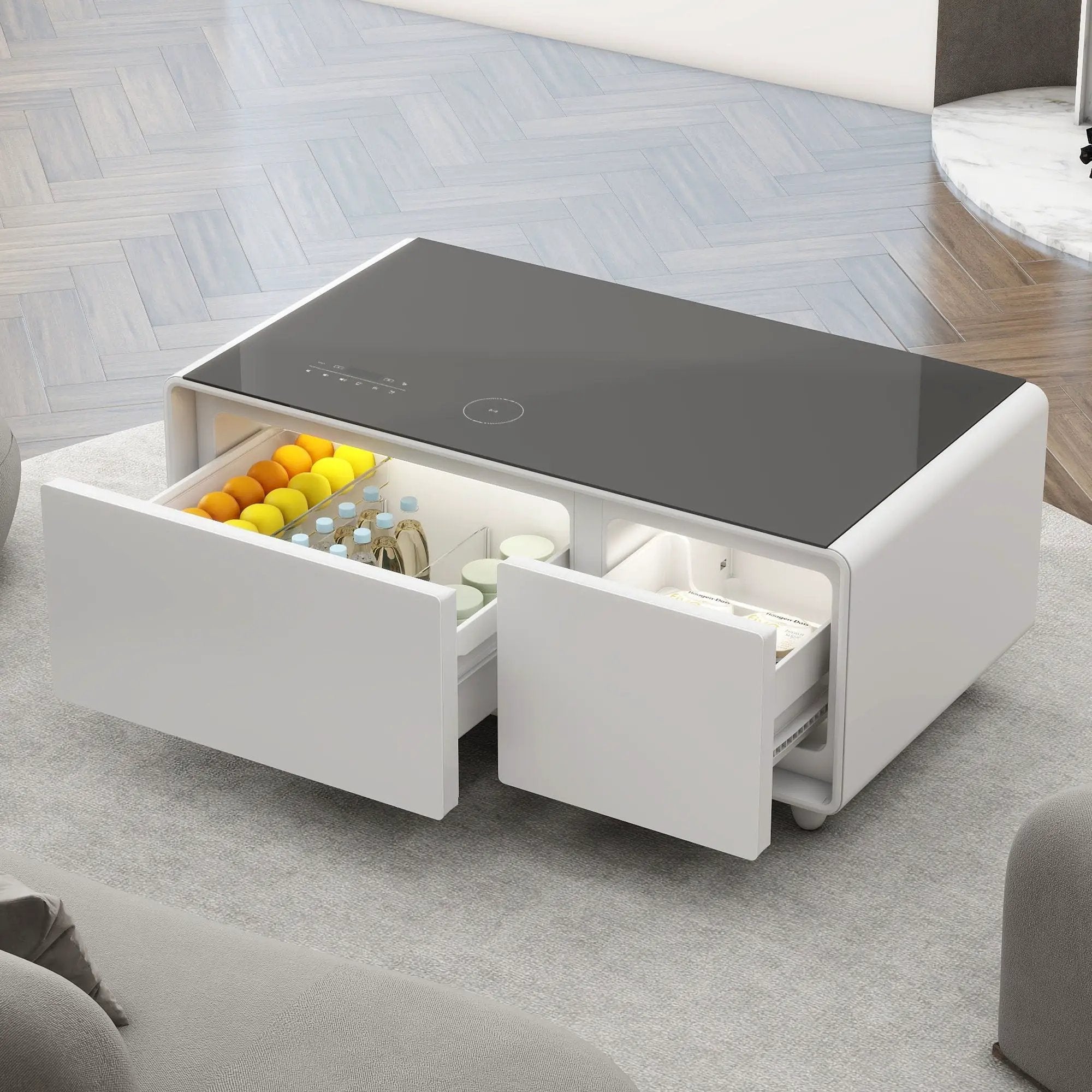 Modern Smart Coffee Table With Built-In Fridge - tooth Speaker, Wireless Charging, Touch Control Panel, USB Interface, Outlet Protection, Atmosphere Light by Unique Piece Furniture