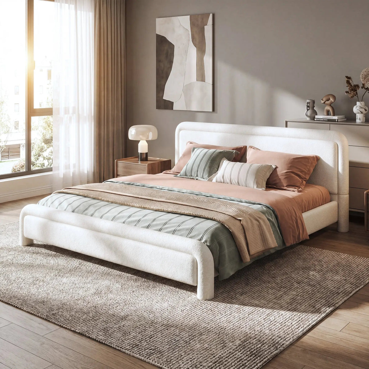King Size Upholstered Platform Bed Frame with Curved Headboard by HouseOfZazla