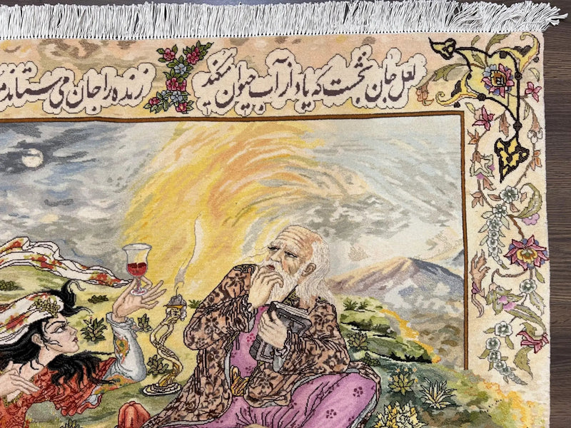 Persian Tabriz Pictorial Rug 5x3, Hafez Poetry In Border, Very Fine Hand Knotted Carpet, Wall Hanging Wool Oriental Carpet 3x5, Highly Detailed by Jewel Rugs