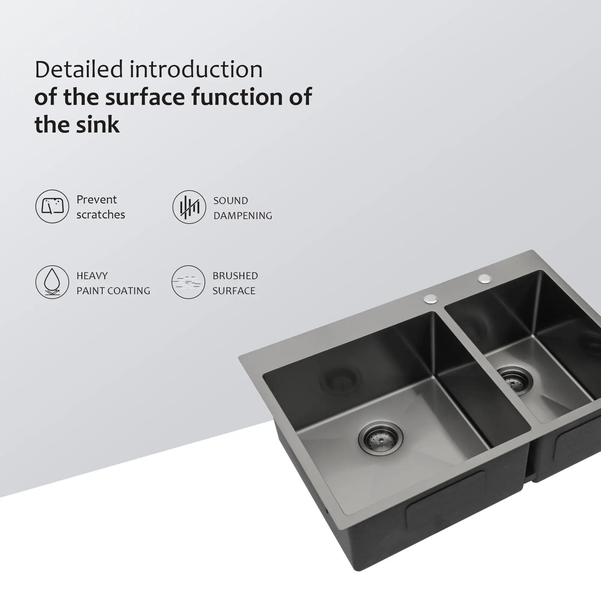 Double Bowl Kitchen Sink 16 Gauge 33" X 22" With 2 10" Deep Basins - Gunmetal Black by HouseOfZazla
